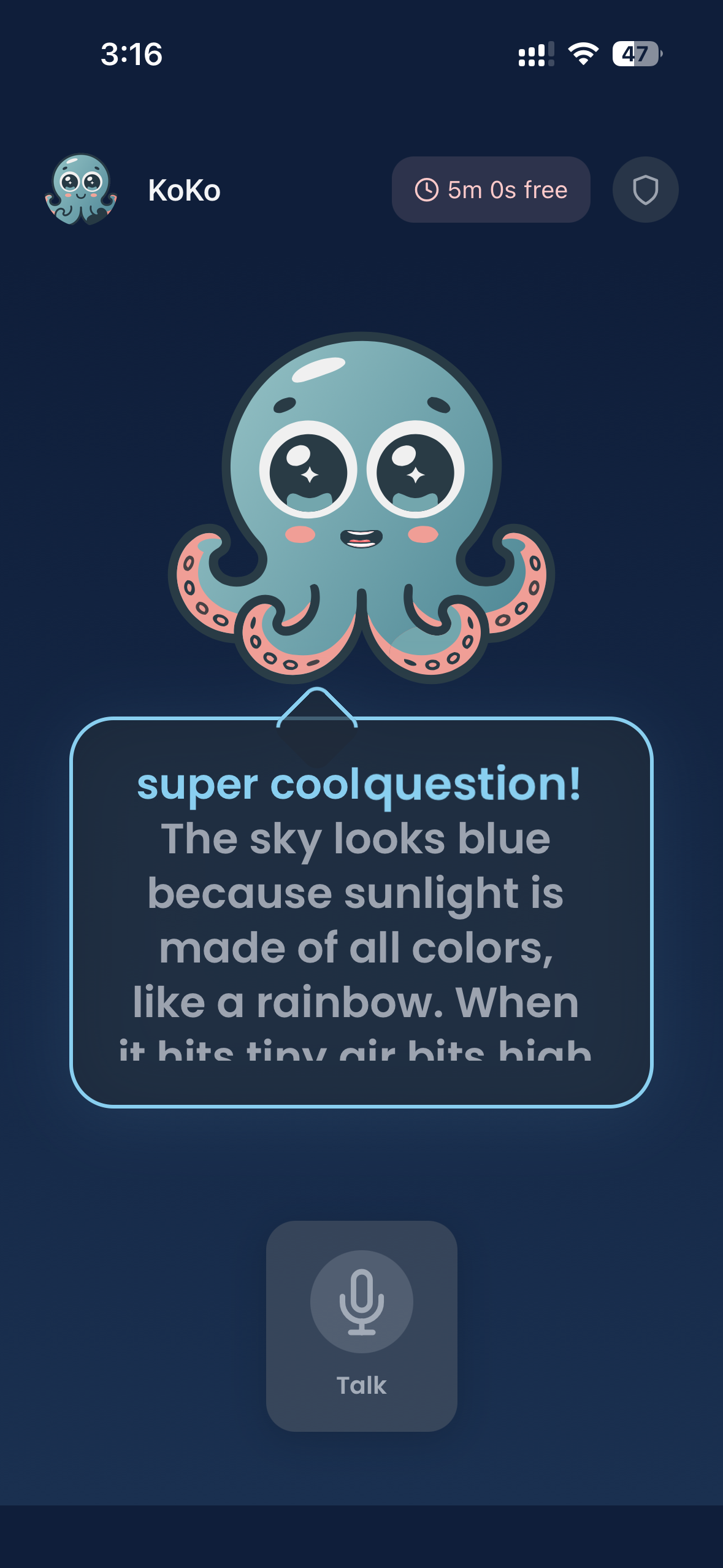 KoKo answering why the sky is blue with karaoke-style word highlighting