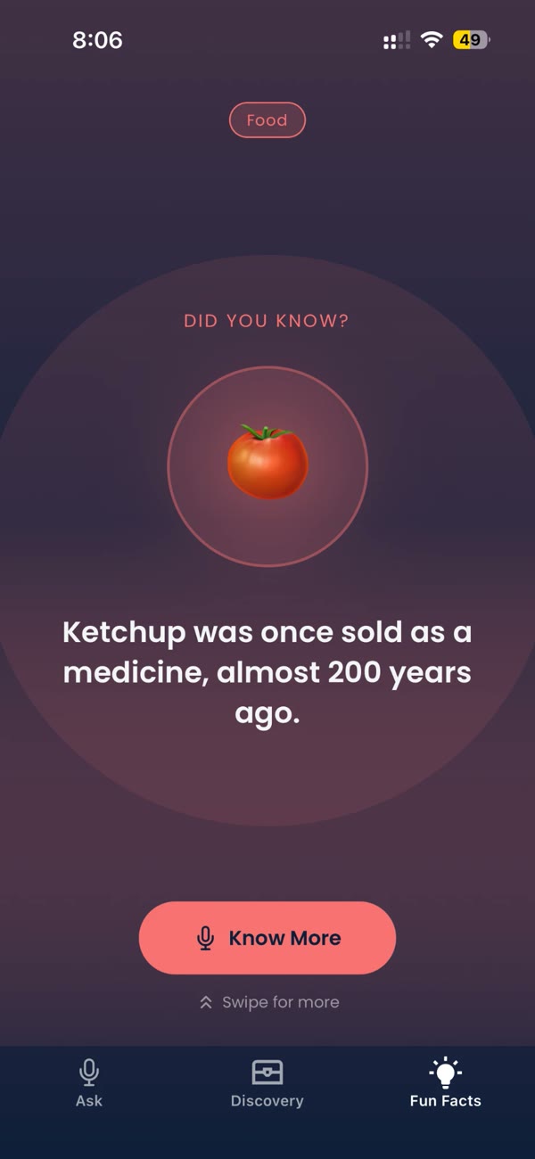 A Fun Facts card about ketchup with a Know More button